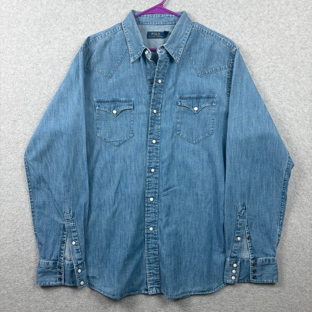 Polo Ralph Lauren Shirt Mens XL Blue Denim Pearl Snap Long Sleeve Western